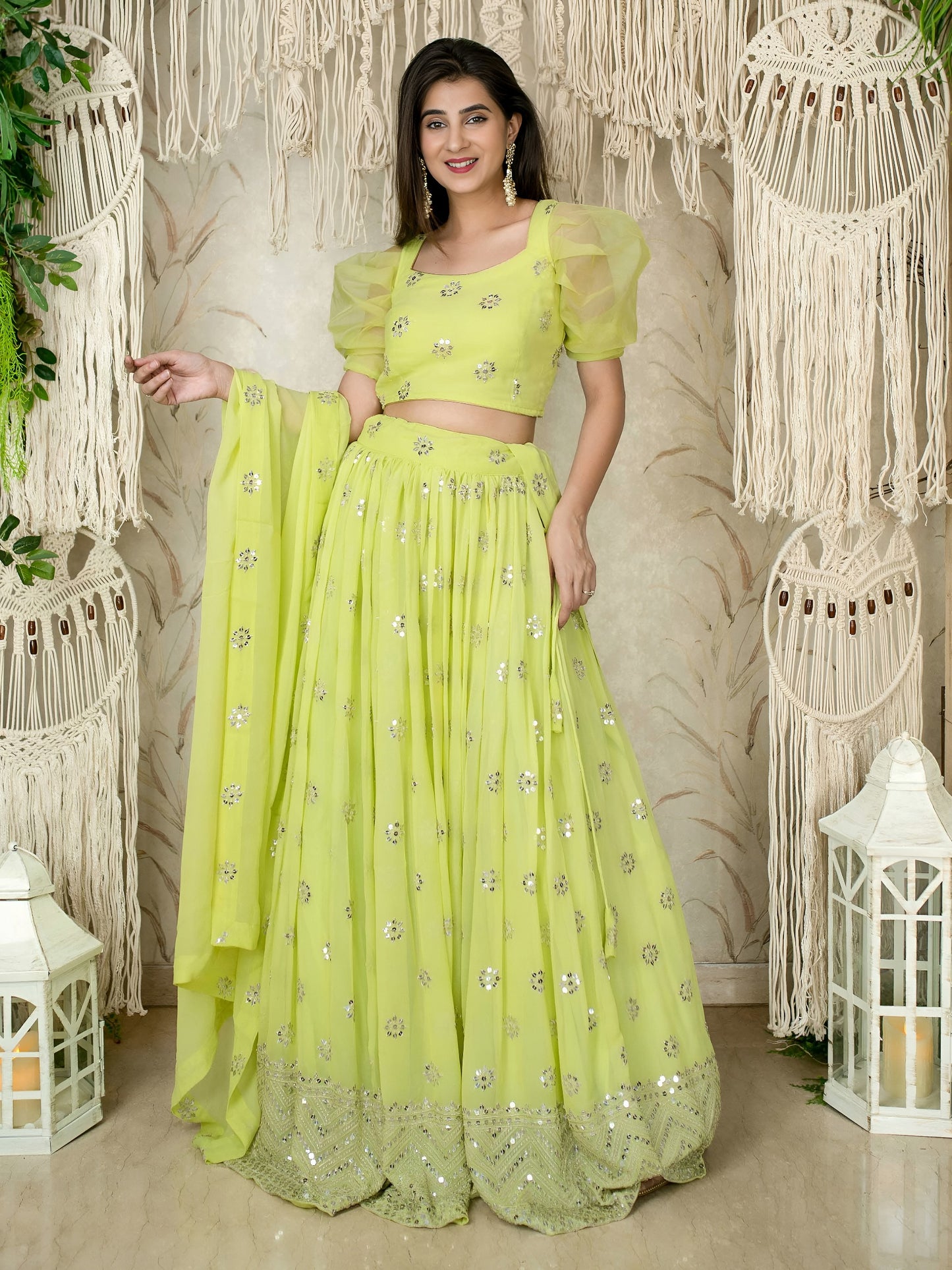 Lime Green Sequins Embroidered Lehenga