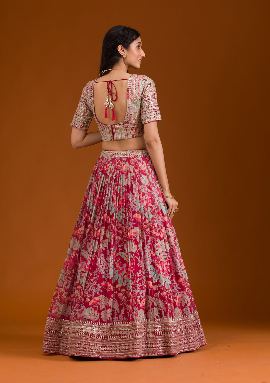 Peach Pink Top Quality Zari Sequins Printed Work Ready To Wear Lehanga