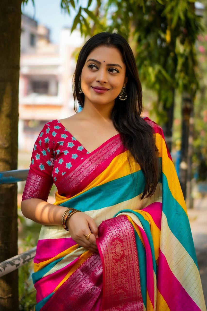 Colorful Soft Cotton Crepe Vibrant Saree