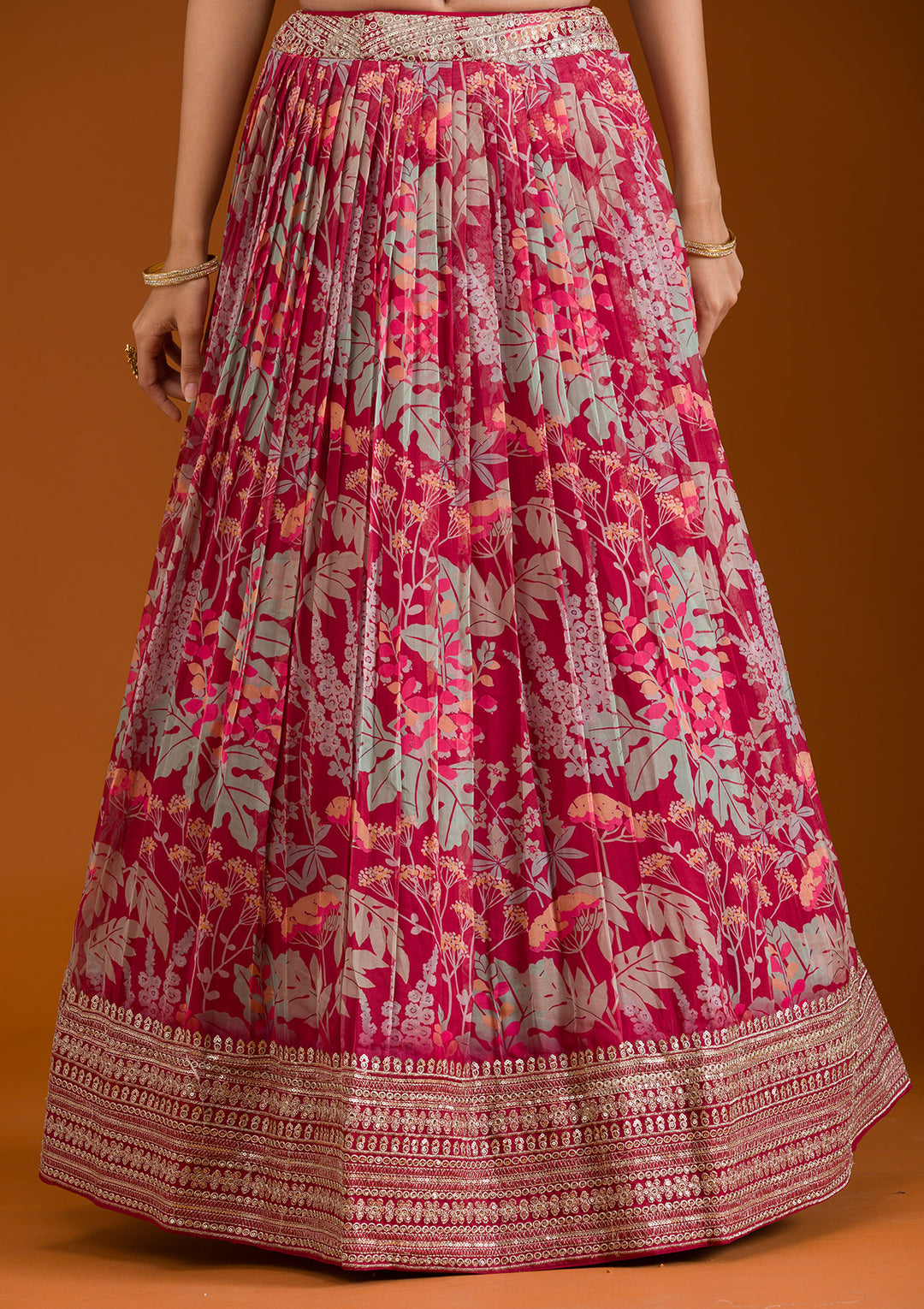 Peach Pink Top Quality Zari Sequins Printed Work Ready To Wear Lehanga