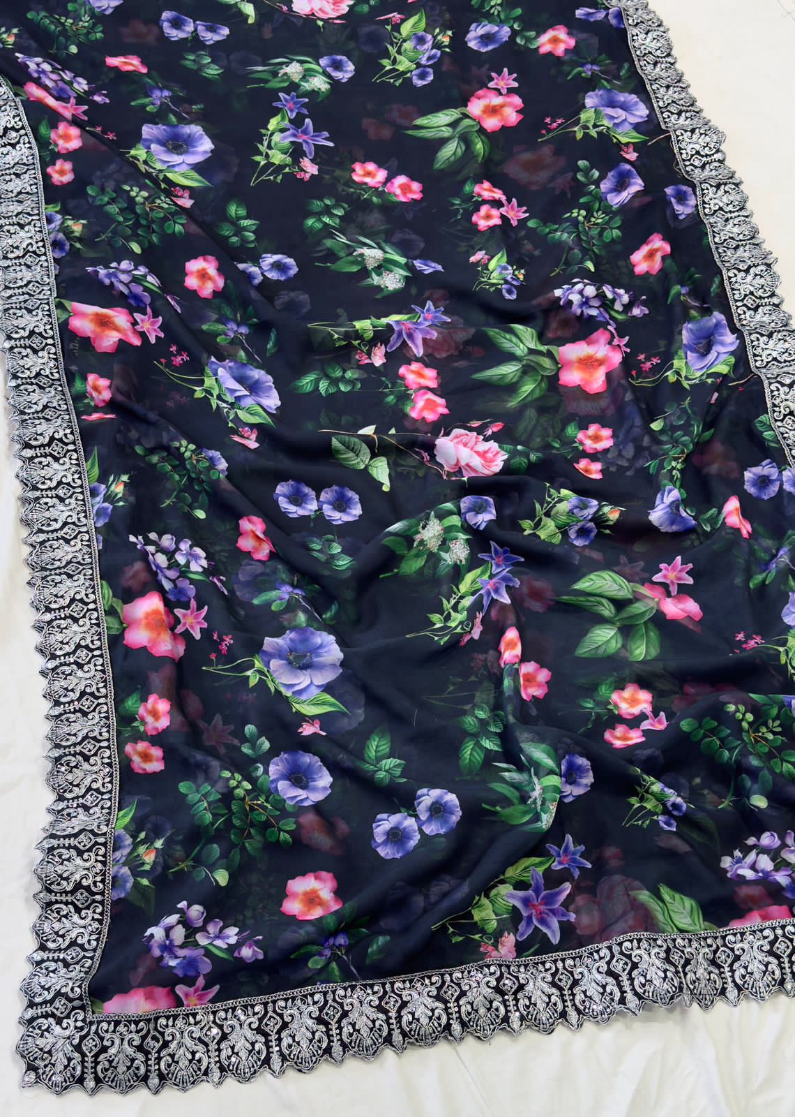 Floral Black Georgette Premium Print & Embroidered Work Saree