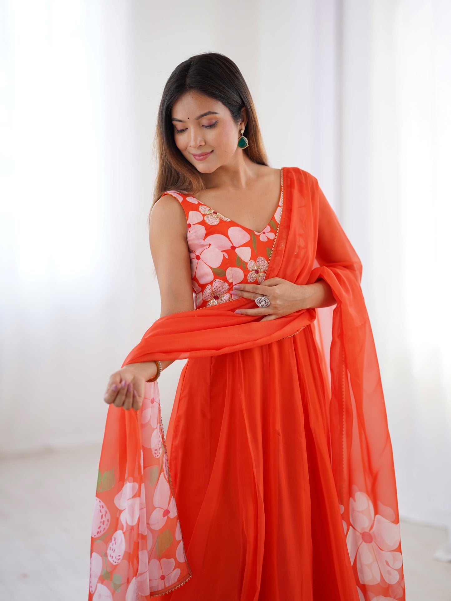 Orange Auspicious Handworked Gown (Ready To Wear)
