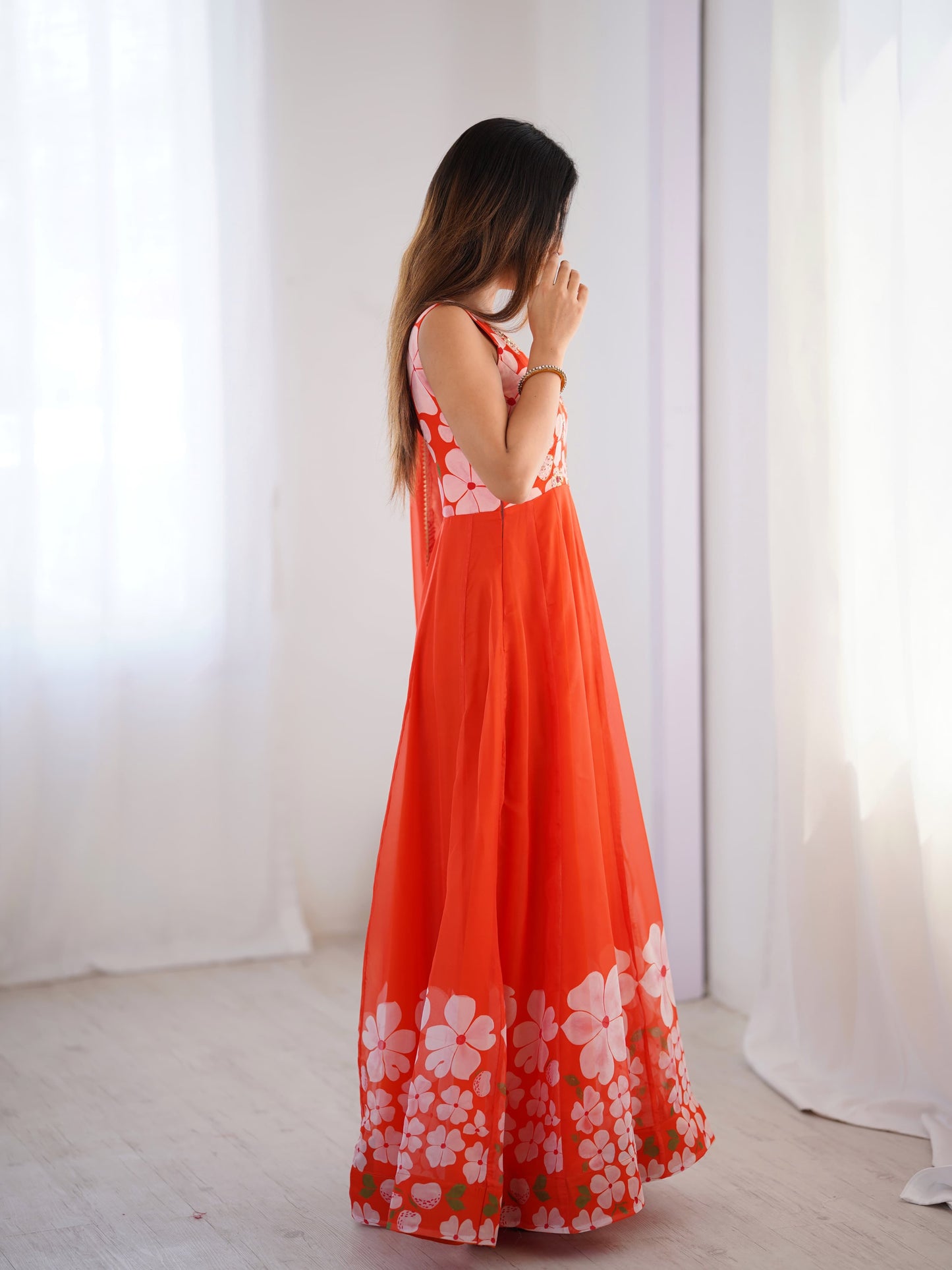 Orange Auspicious Handworked Gown (Ready To Wear)