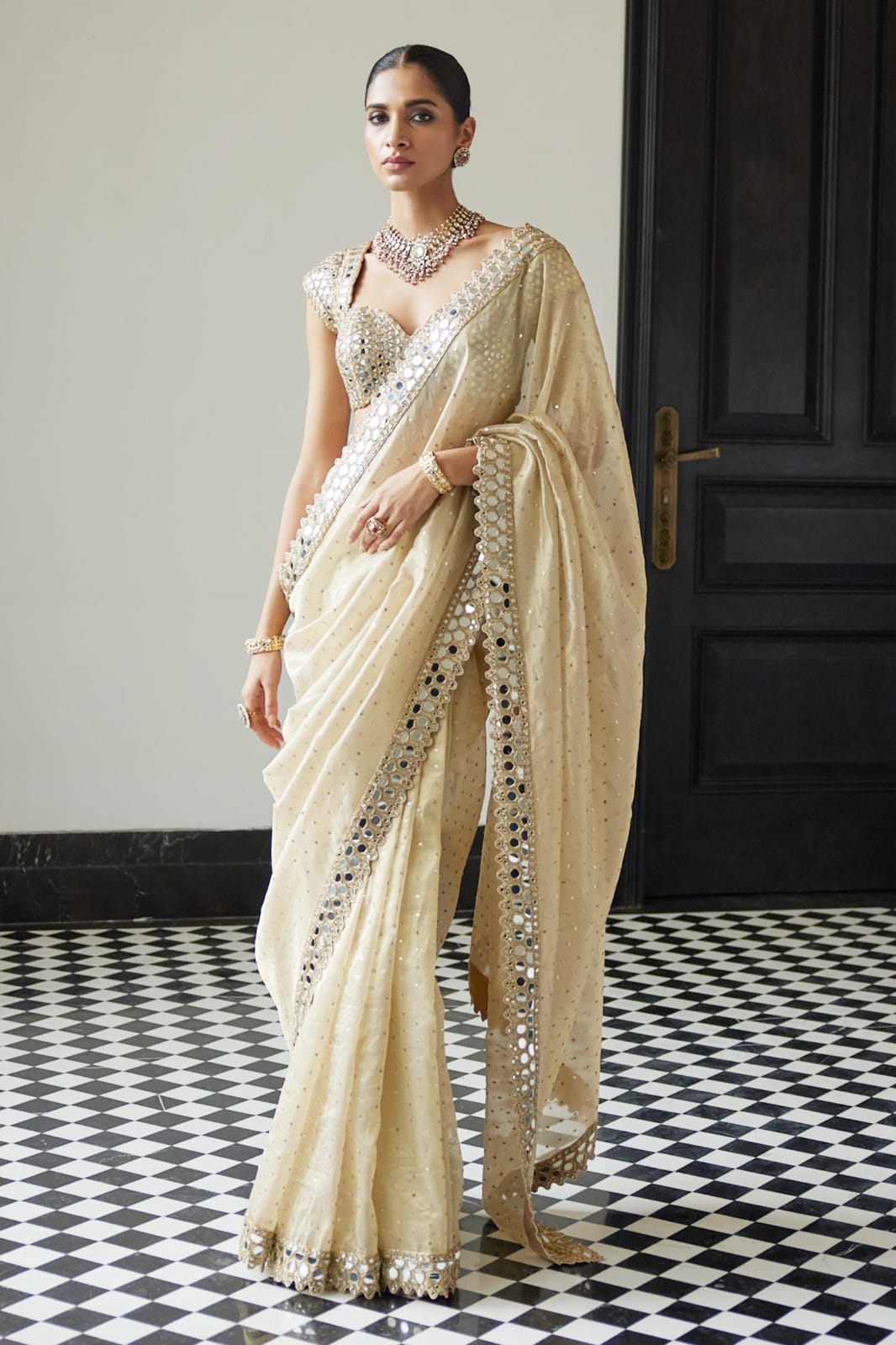 Mirror Work Premium Organza Saree with stiched blouse