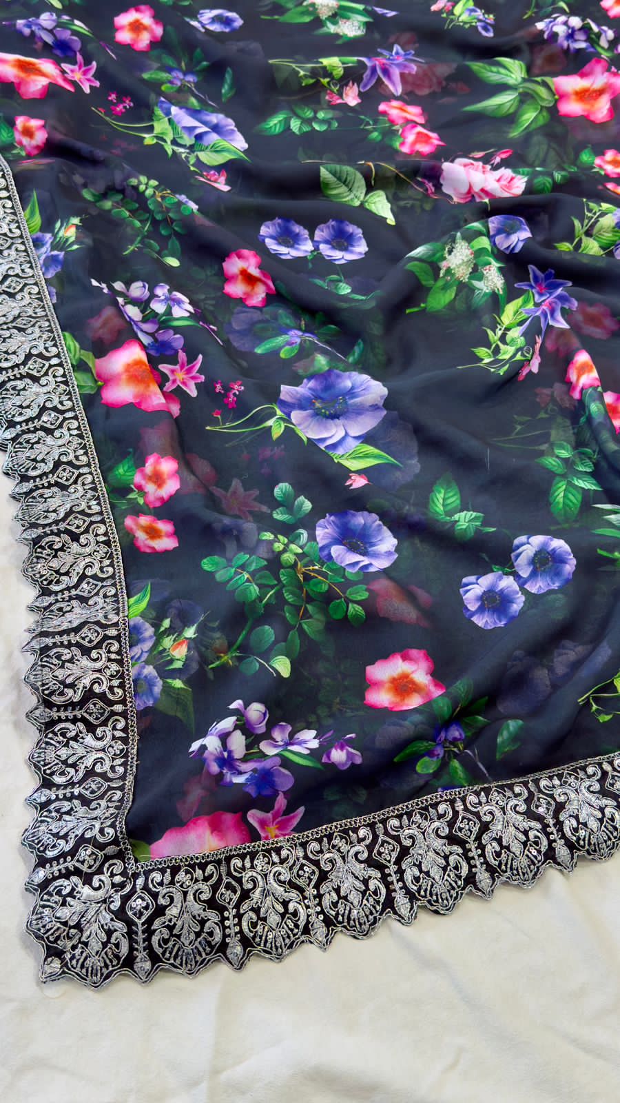 Floral Black Georgette Premium Print & Embroidered Work Saree