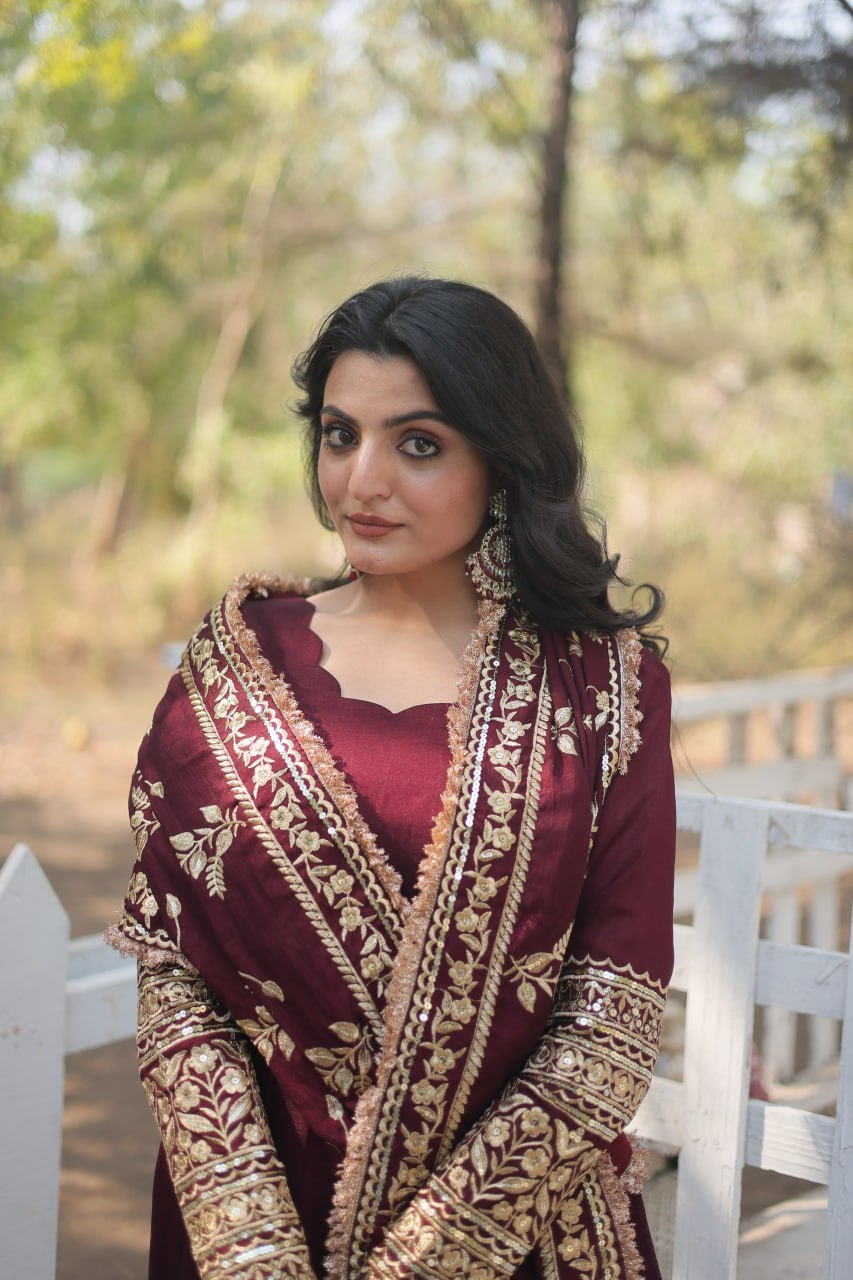 Premium Maroon Designer Gown Dupatta Set