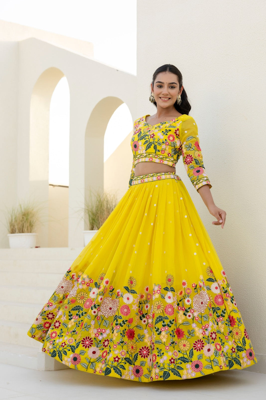 Yellow Organza Heavy Floral Thread Sequins Worked Lehenga Choli