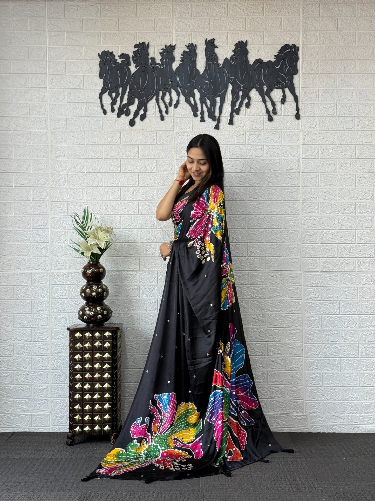 Stylish Bling Party Wear Mirror Work Saree