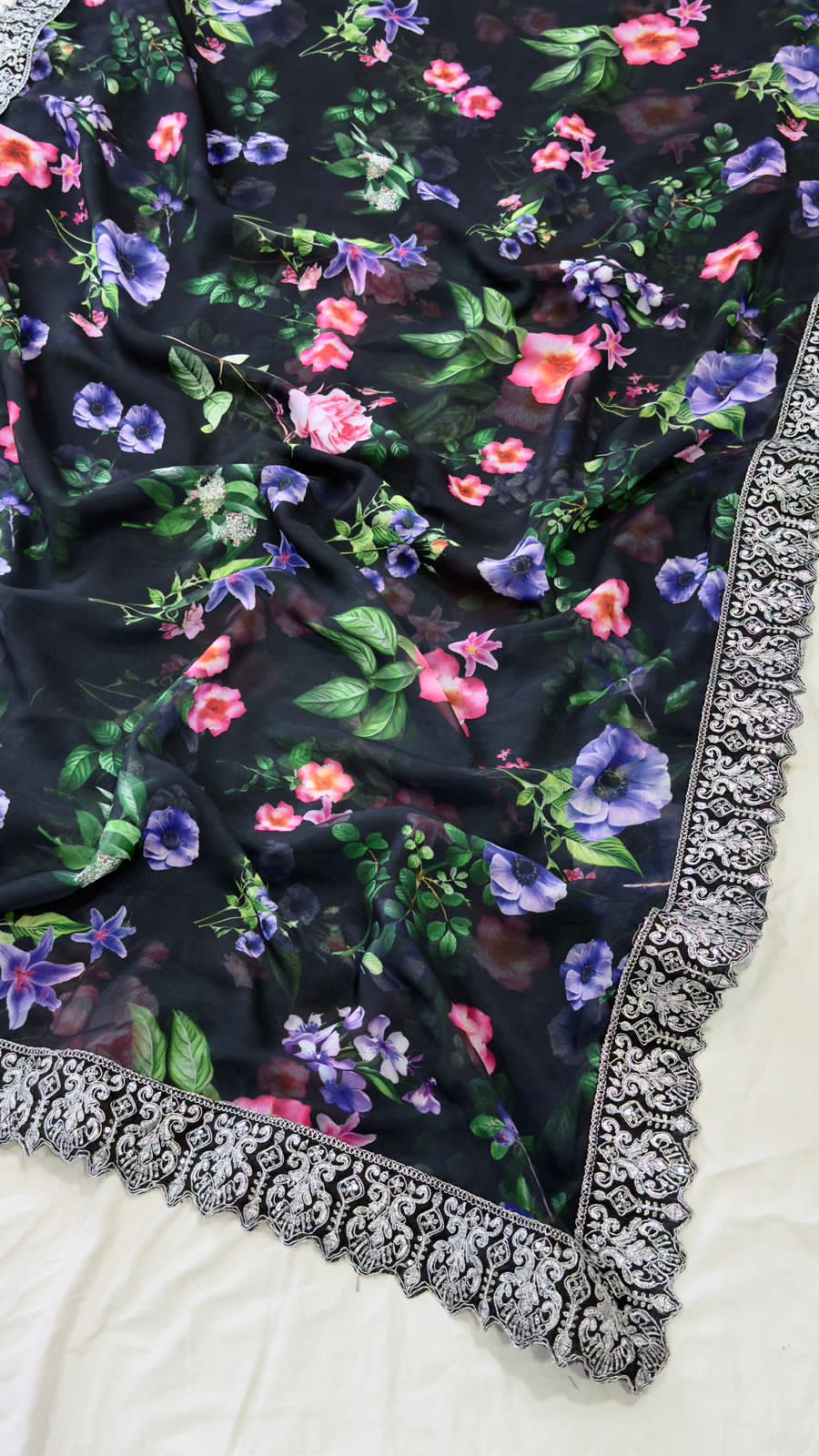 Floral Black Georgette Premium Print & Embroidered Work Saree