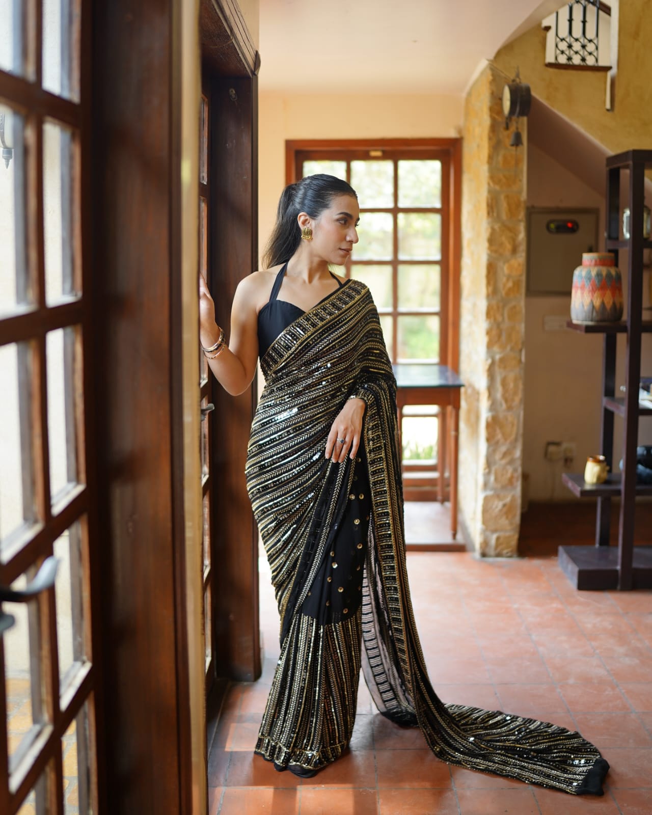 Beautiful Black Bling Striped Sequins Saree