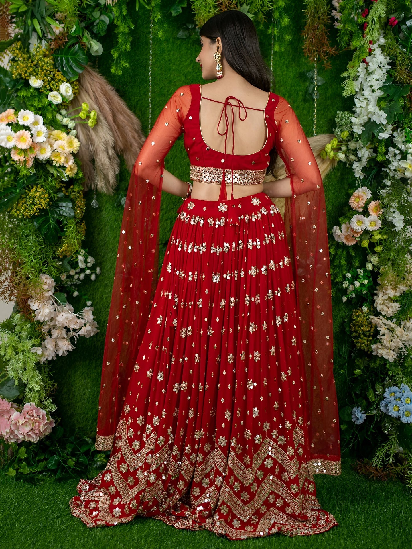 Red Sequins Embroidered Lehenga with Designer Blouse & Net Dupatta