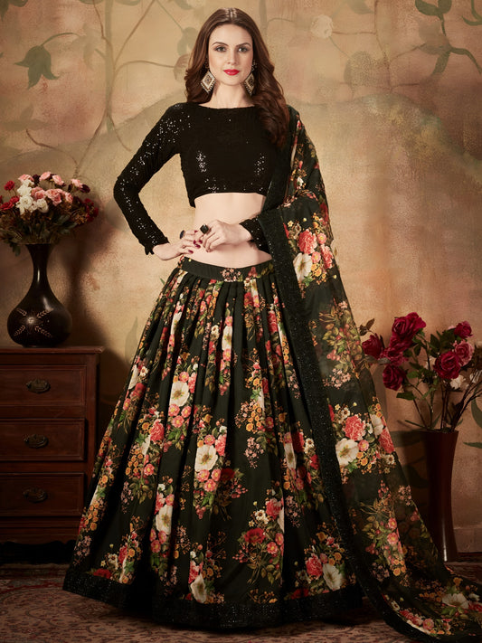 Organza Black Floral Party Lehanga