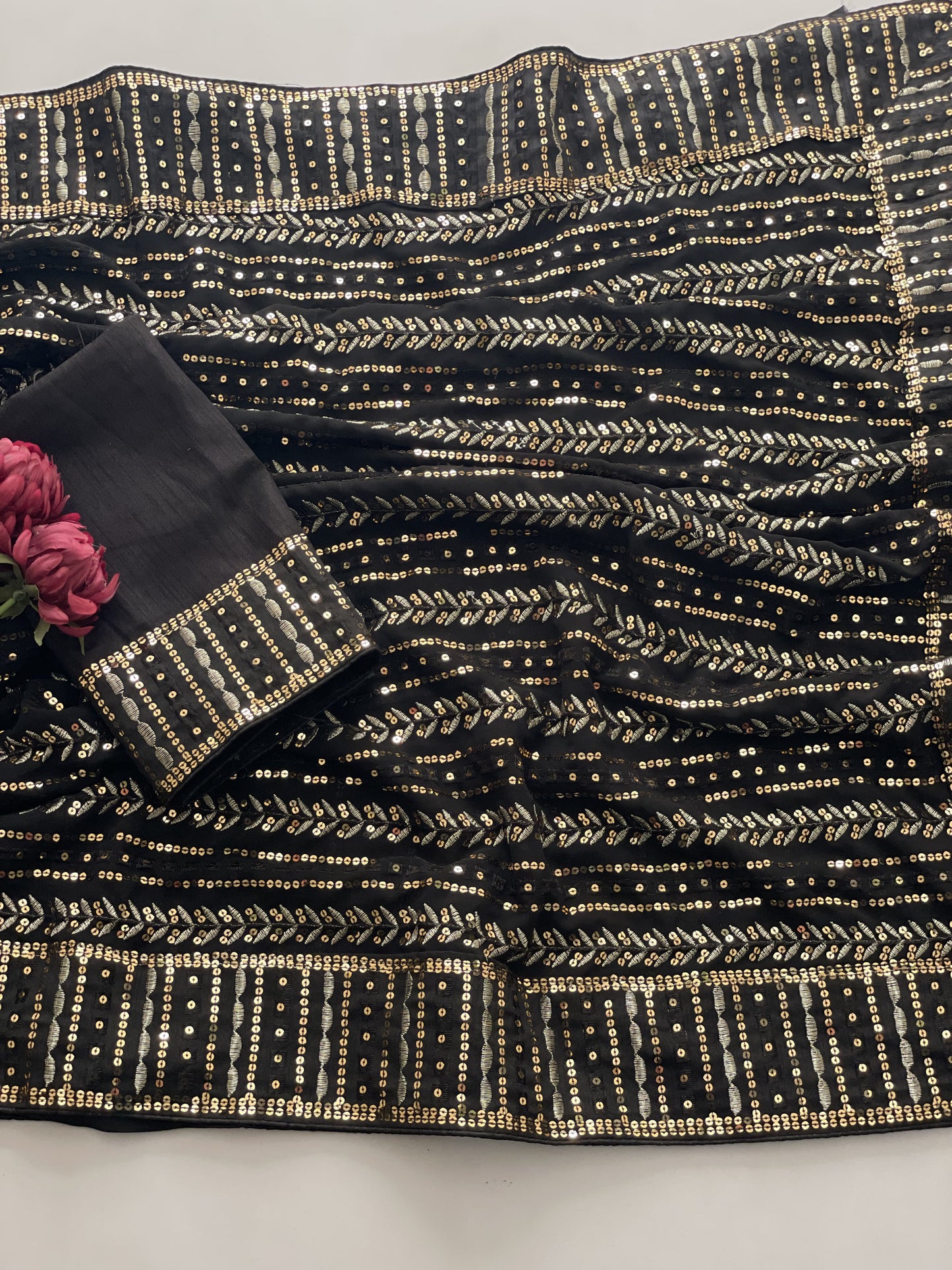 Beautiful Black Bling Striped Sequins Saree