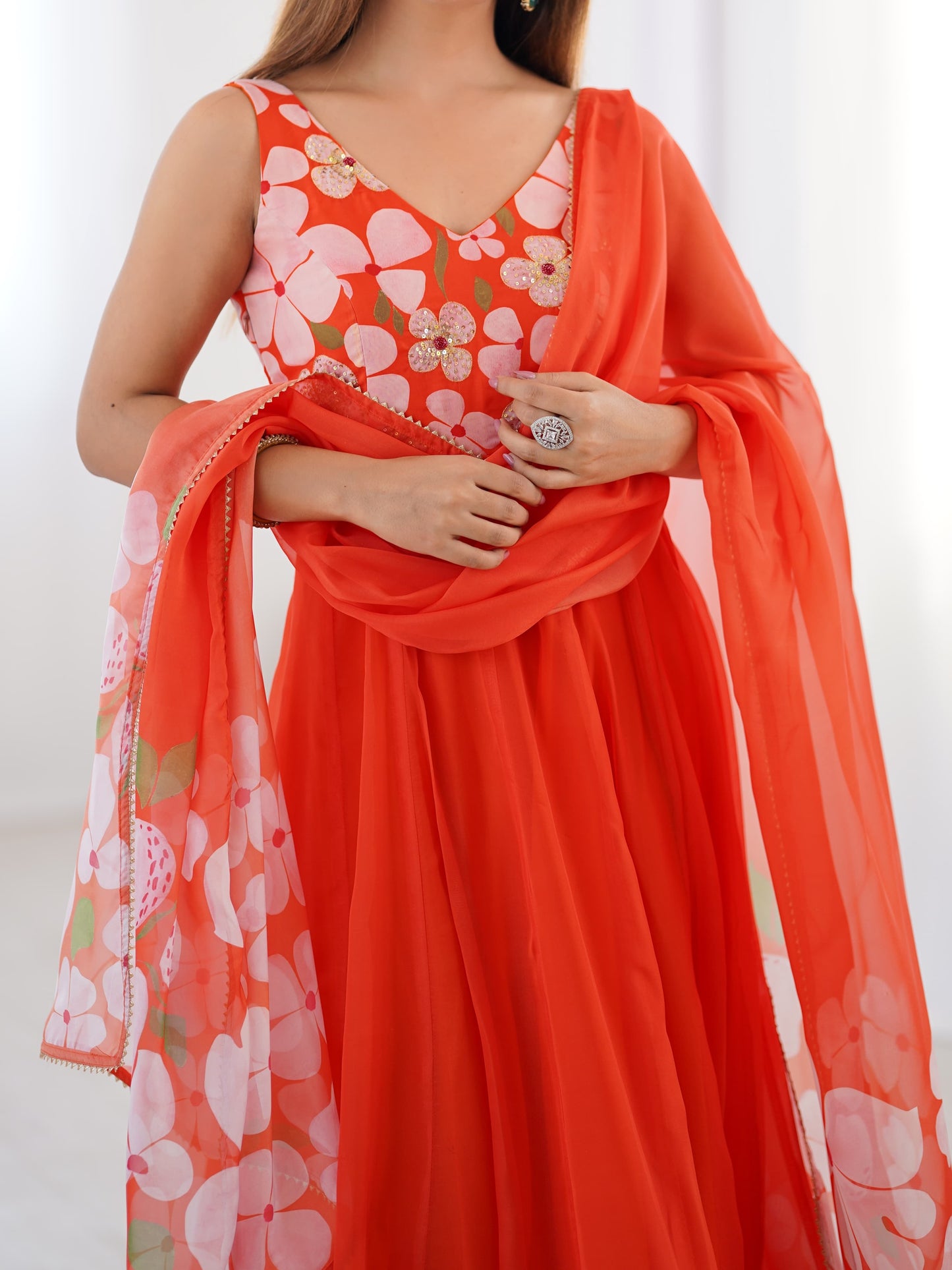 Orange Auspicious Handworked Gown (Ready To Wear)