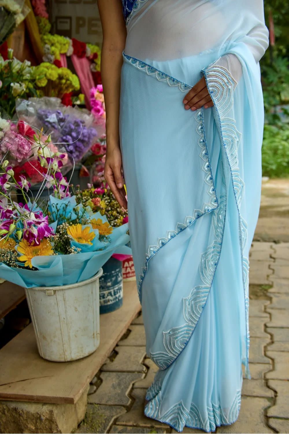 SKY BLUE CELEBRITY STYLE PEARL HANDWORK SAREE