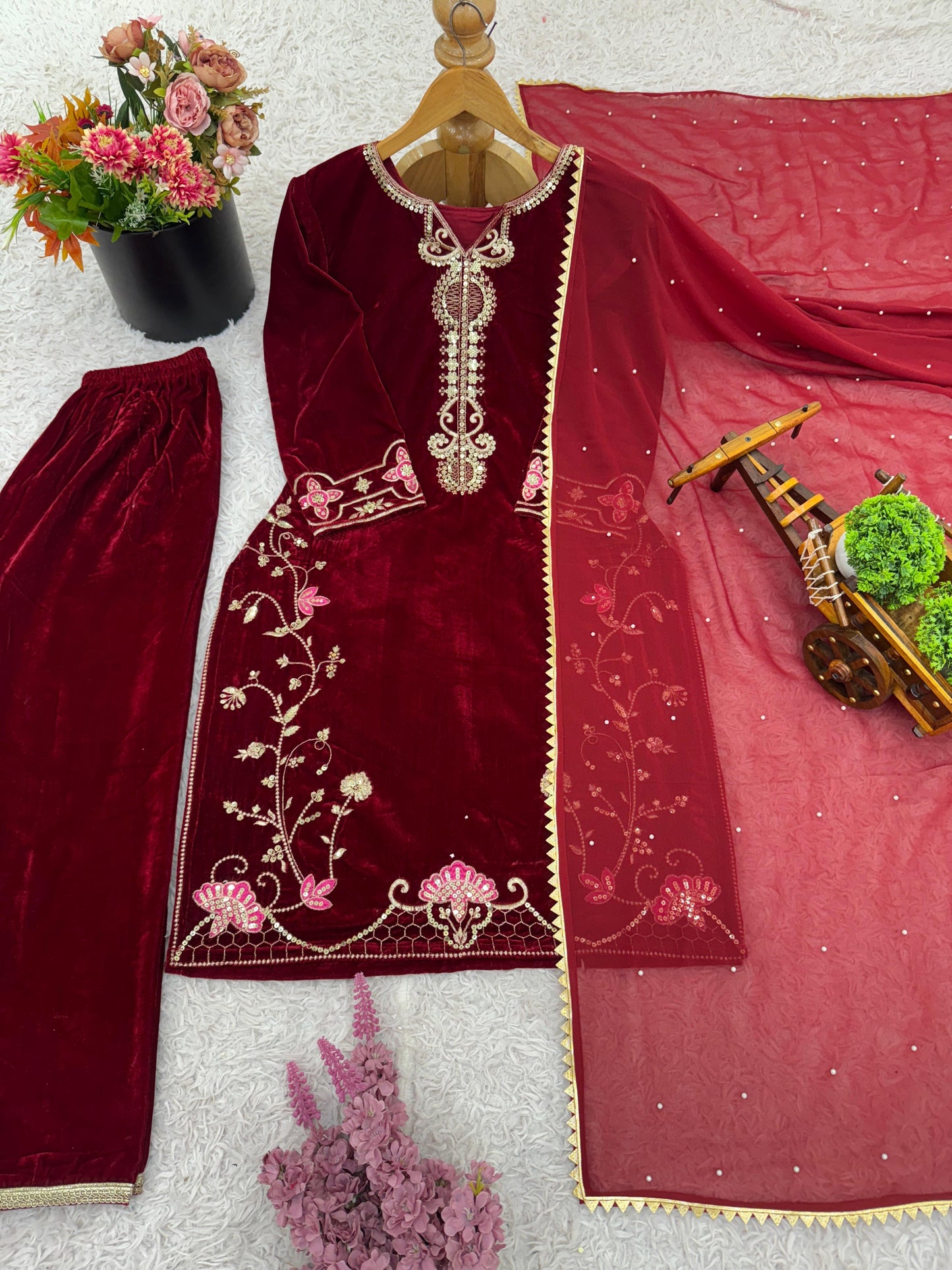 Maroon Velvet Awesome Ready To Wear Suit Set