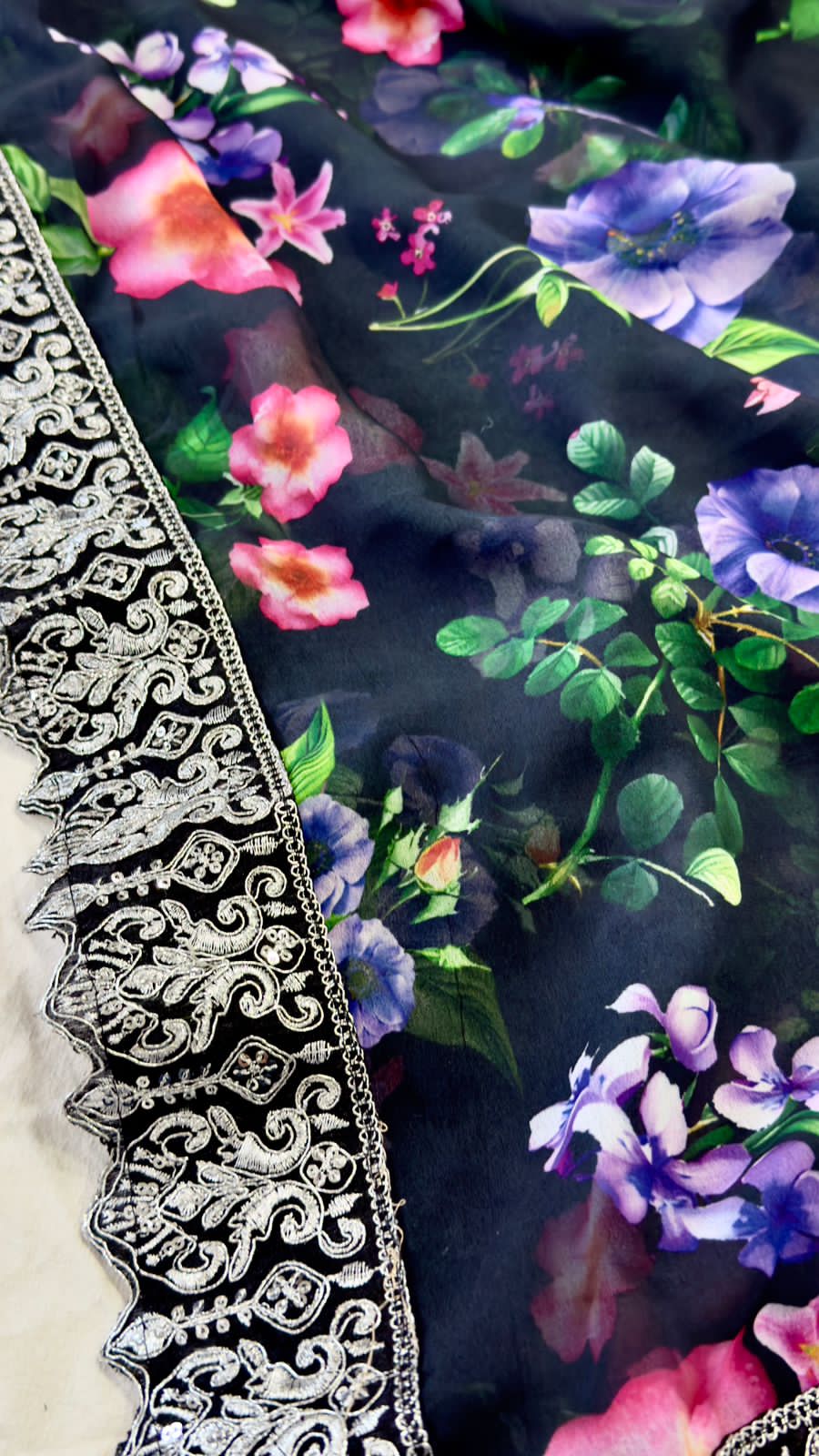 Floral Black Georgette Premium Print & Embroidered Work Saree
