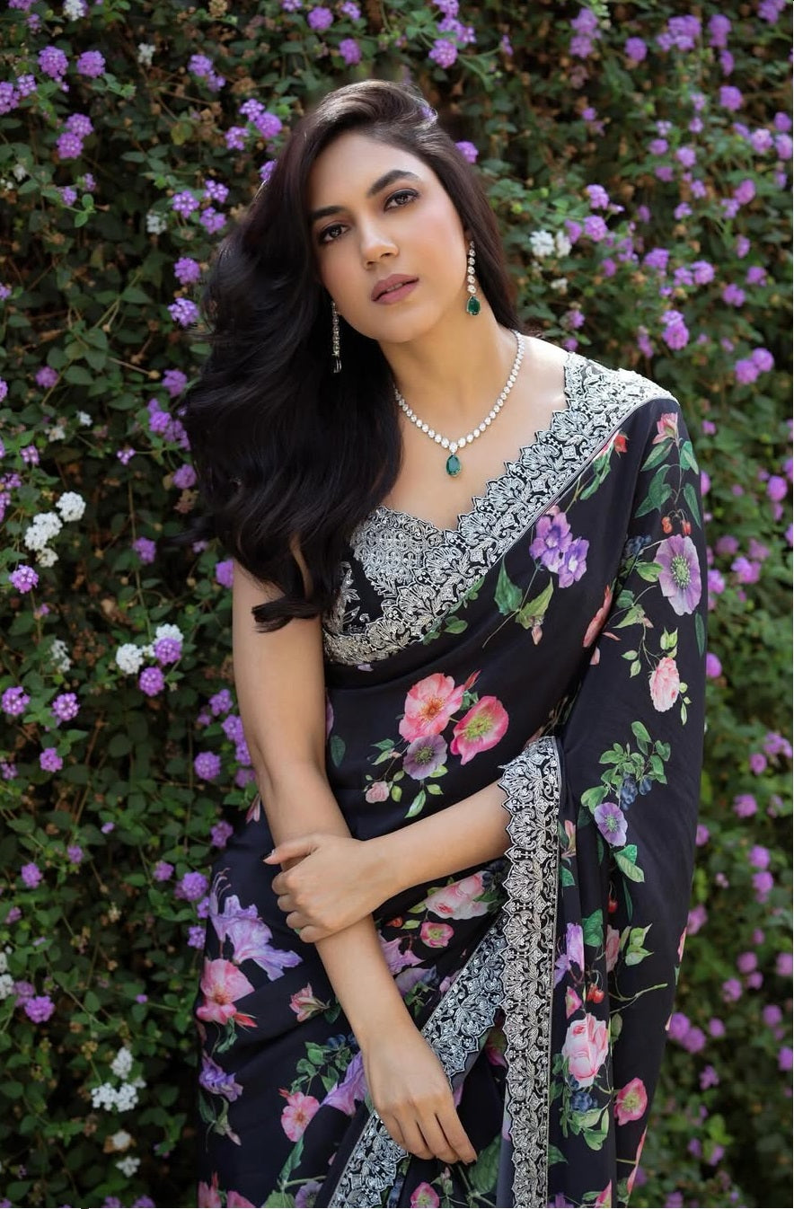 Floral Black Georgette Premium Print & Embroidered Work Saree