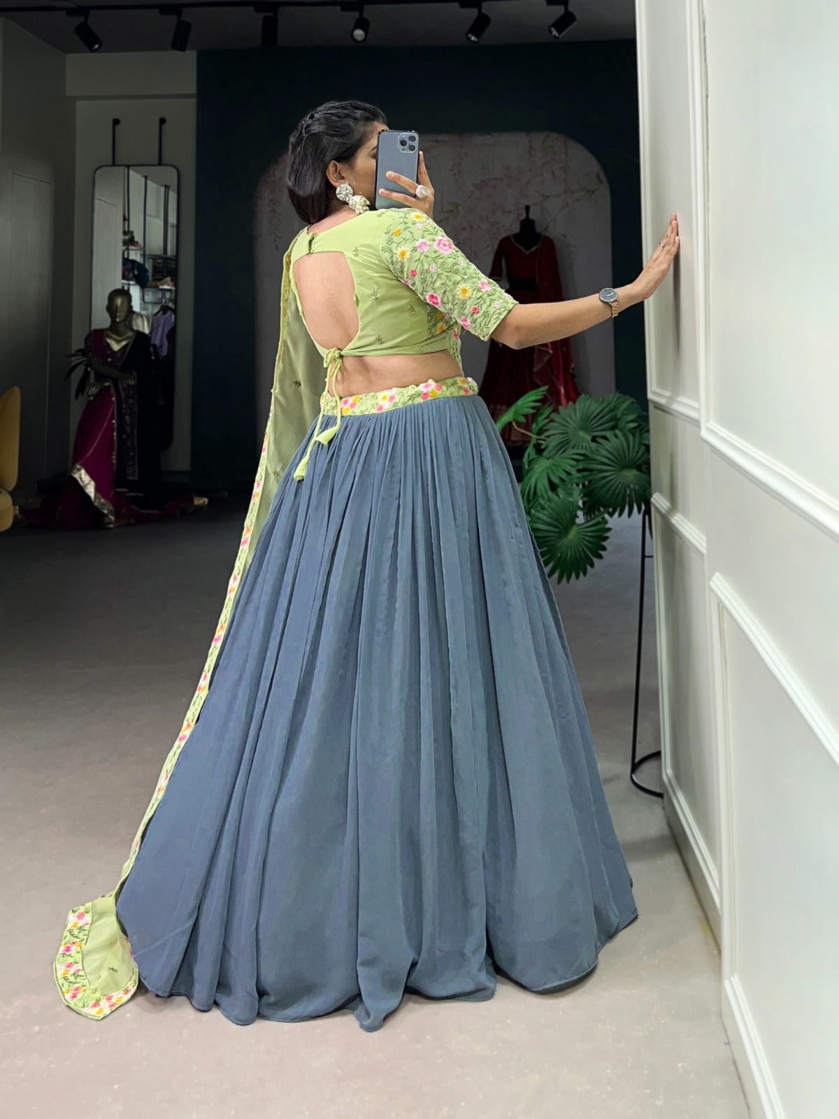 Radiate Soft Glamour in Gray and Pista Bridesmaid Attire