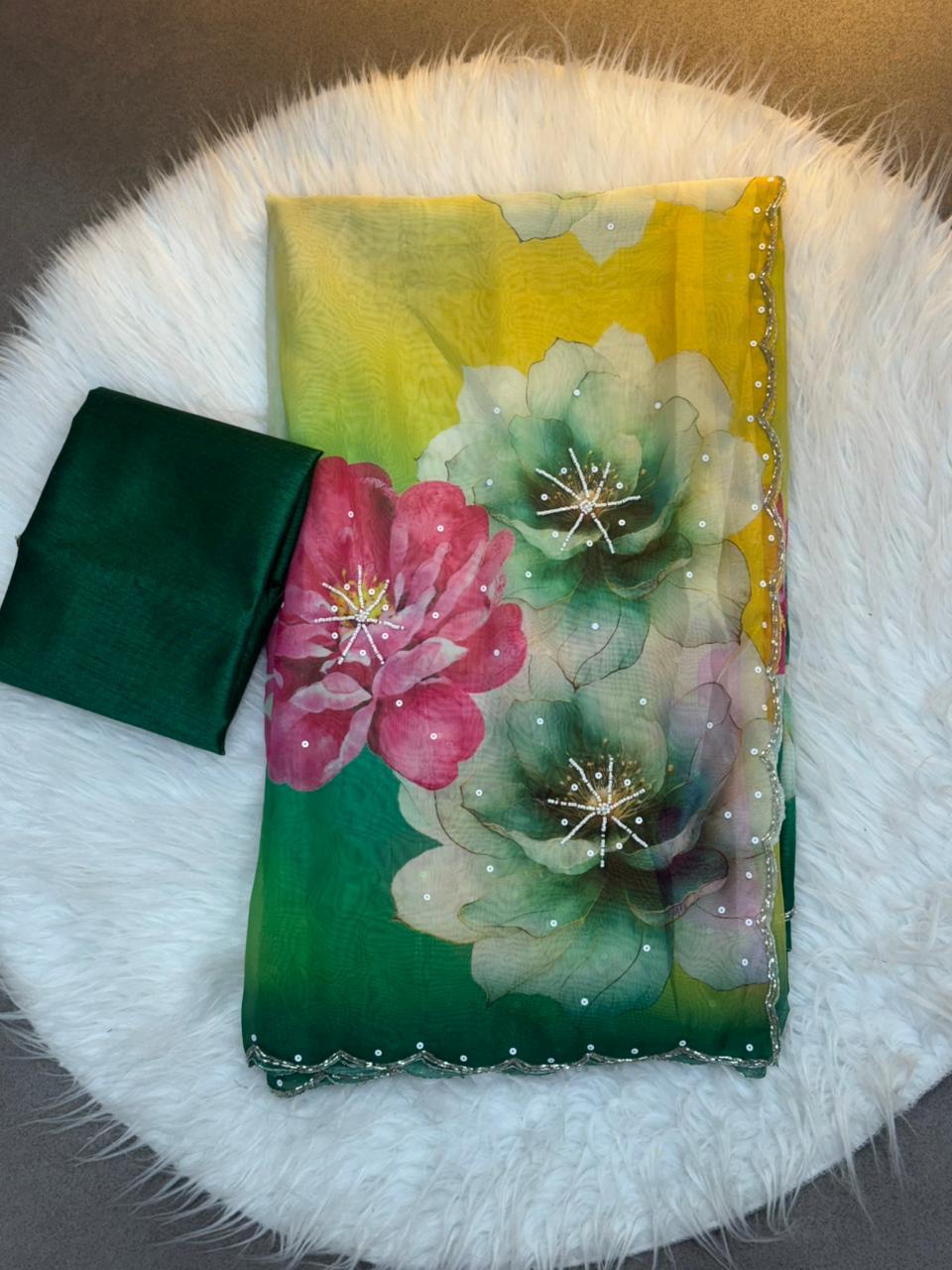 Floral Green Premium Organza Saree