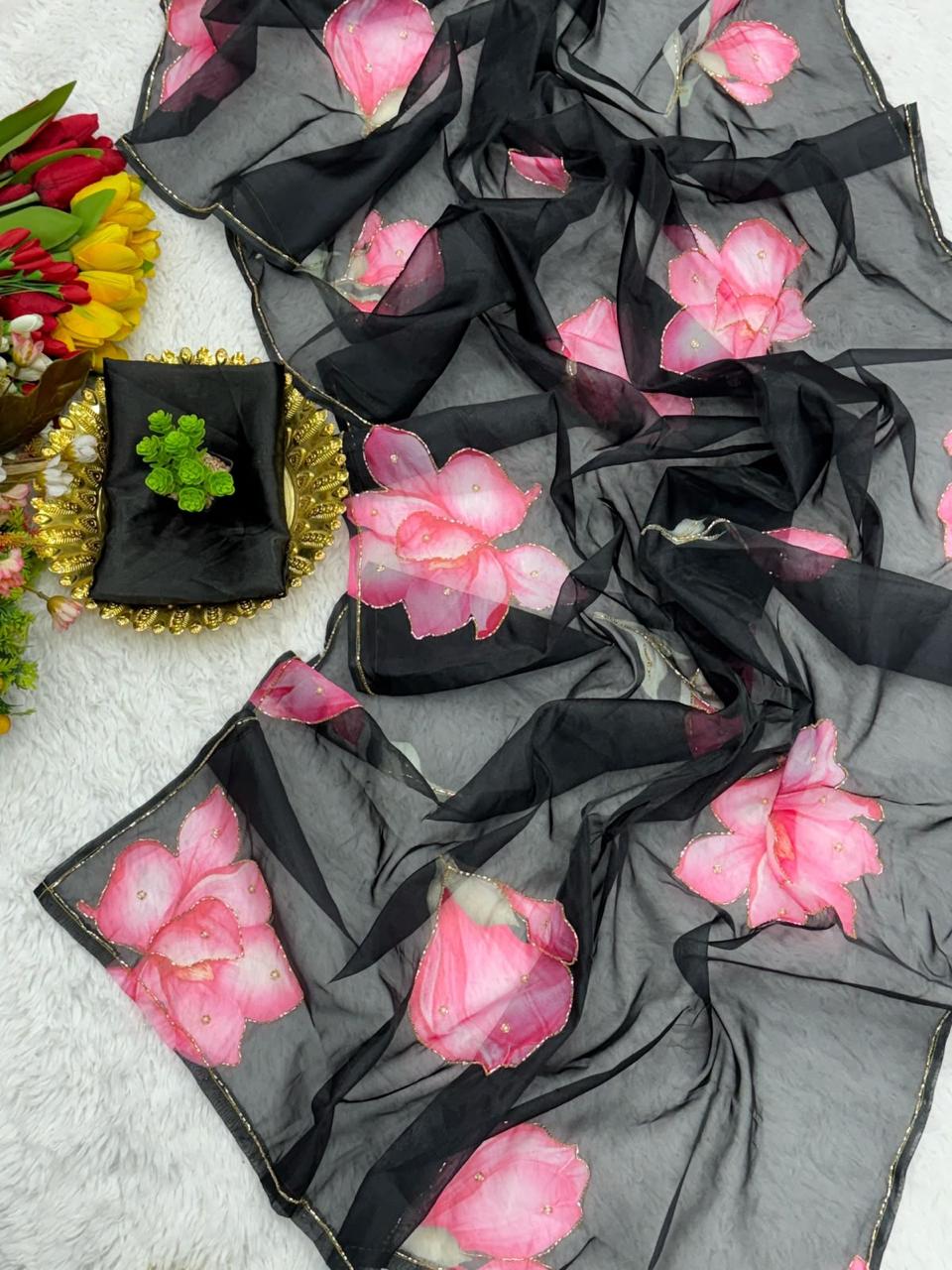 Graceful Handworked Floral Organza Saree