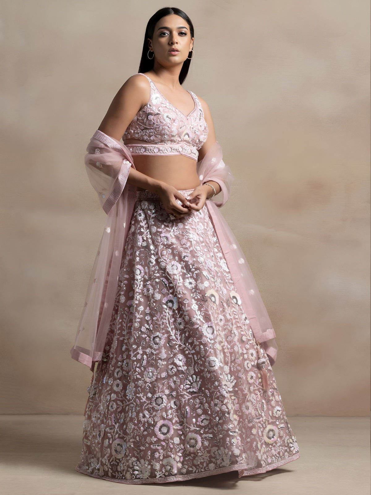 Soft Pink Floral Sequins Embroidered Lehenga Choli