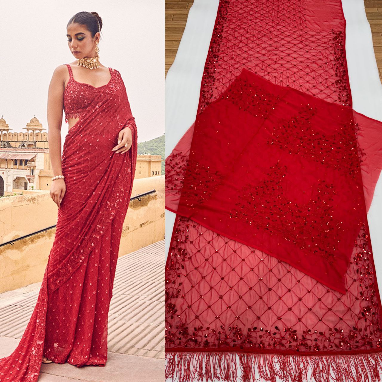 Red Hot Bling Bollywood BlockBuster Sequins Party Saree