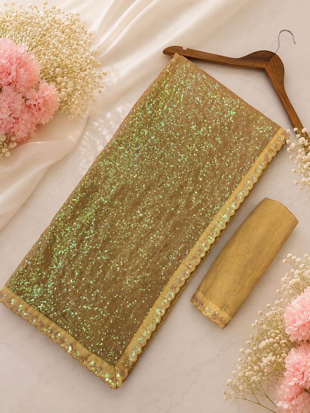 Luminary Éclat: Special Edition Khichdi Micro-Sequin Faux Georgette Saree Ensemble