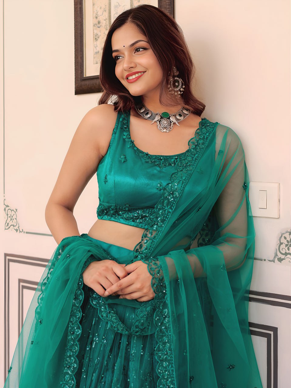 Teal Premium Soft Net Inricate Work Lehanga