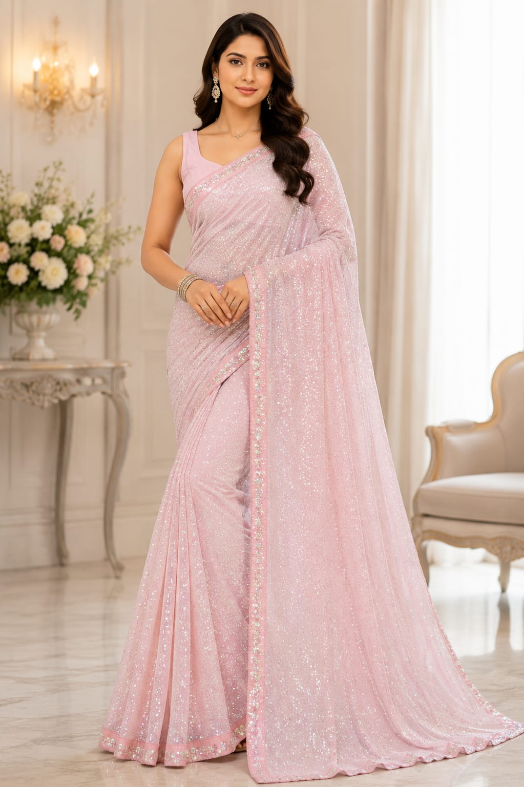 Luminary Éclat: Special Edition Khichdi Micro-Sequin Faux Georgette Saree Ensemble