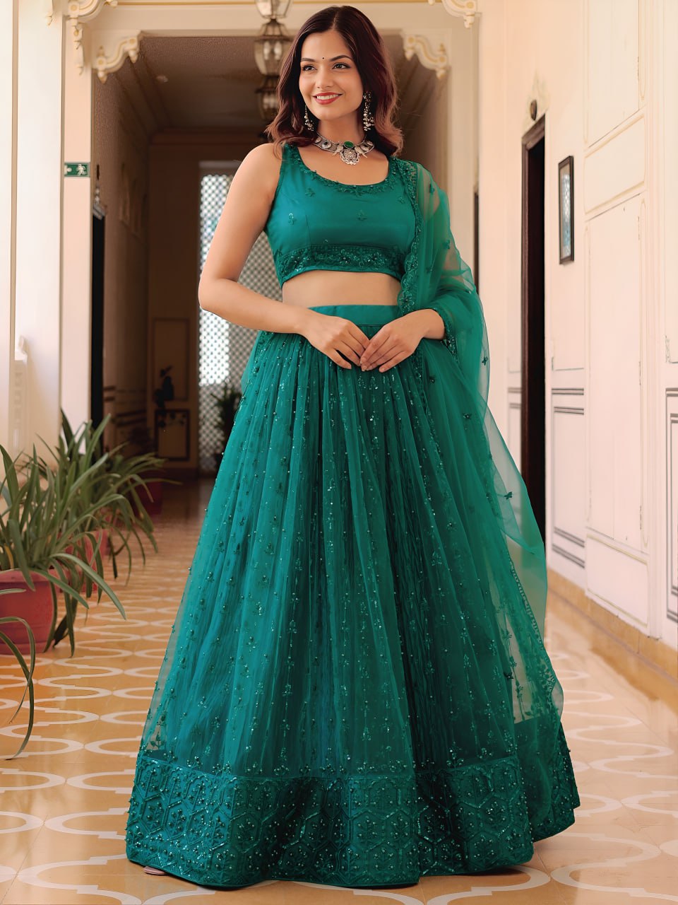 Teal Premium Soft Net Inricate Work Lehanga