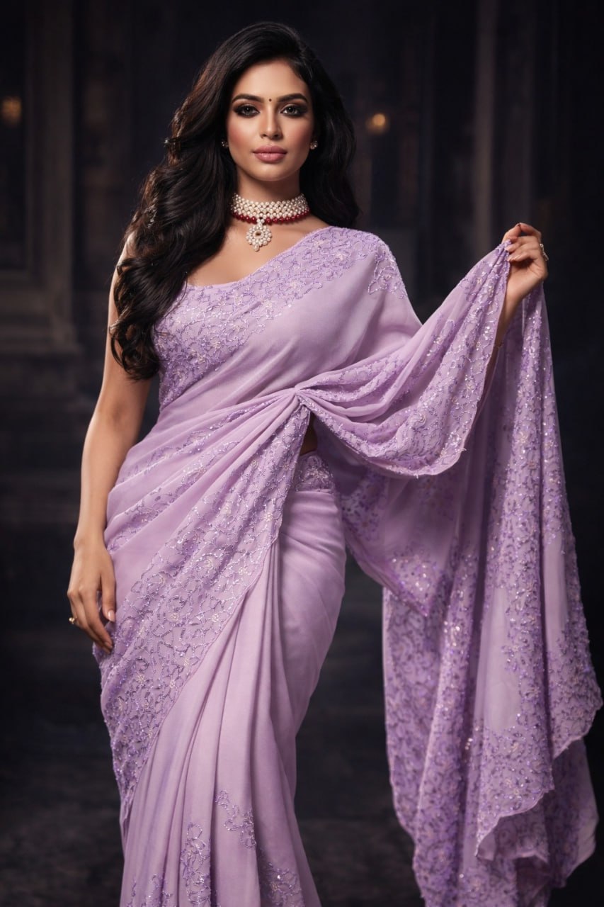 Lilac Stylish Organza Silk Bling Saree