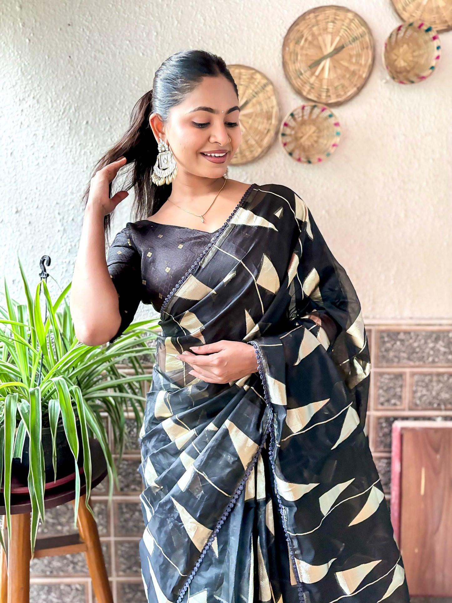 Pure Soft Organza Black Triangle Pattern Saree