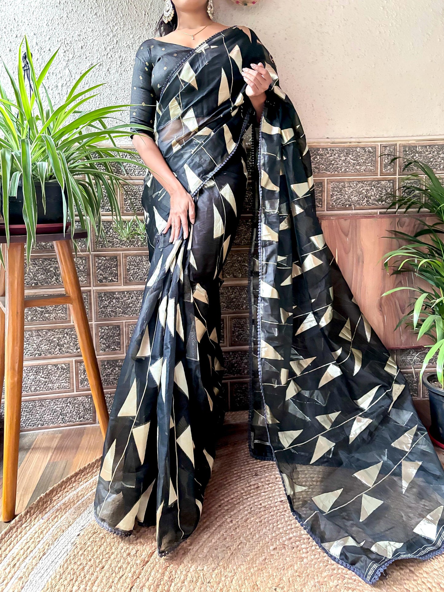 Pure Soft Organza Black Triangle Pattern Saree