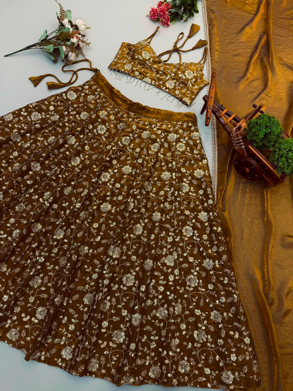 Dark Gold Elegant Bling Sequins Lehanga