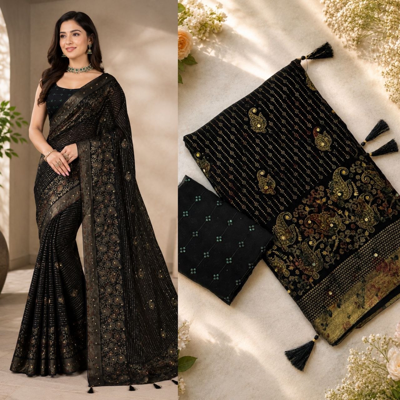 Midnight Black Foil Print Georgette Saree