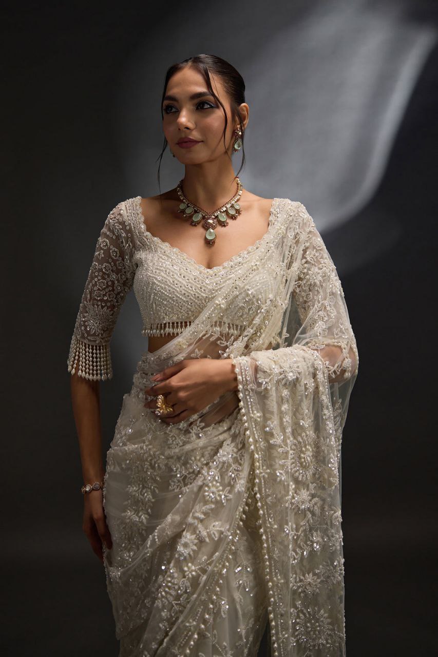 Beautiful Summertime Pearl Sequins Work White Saree