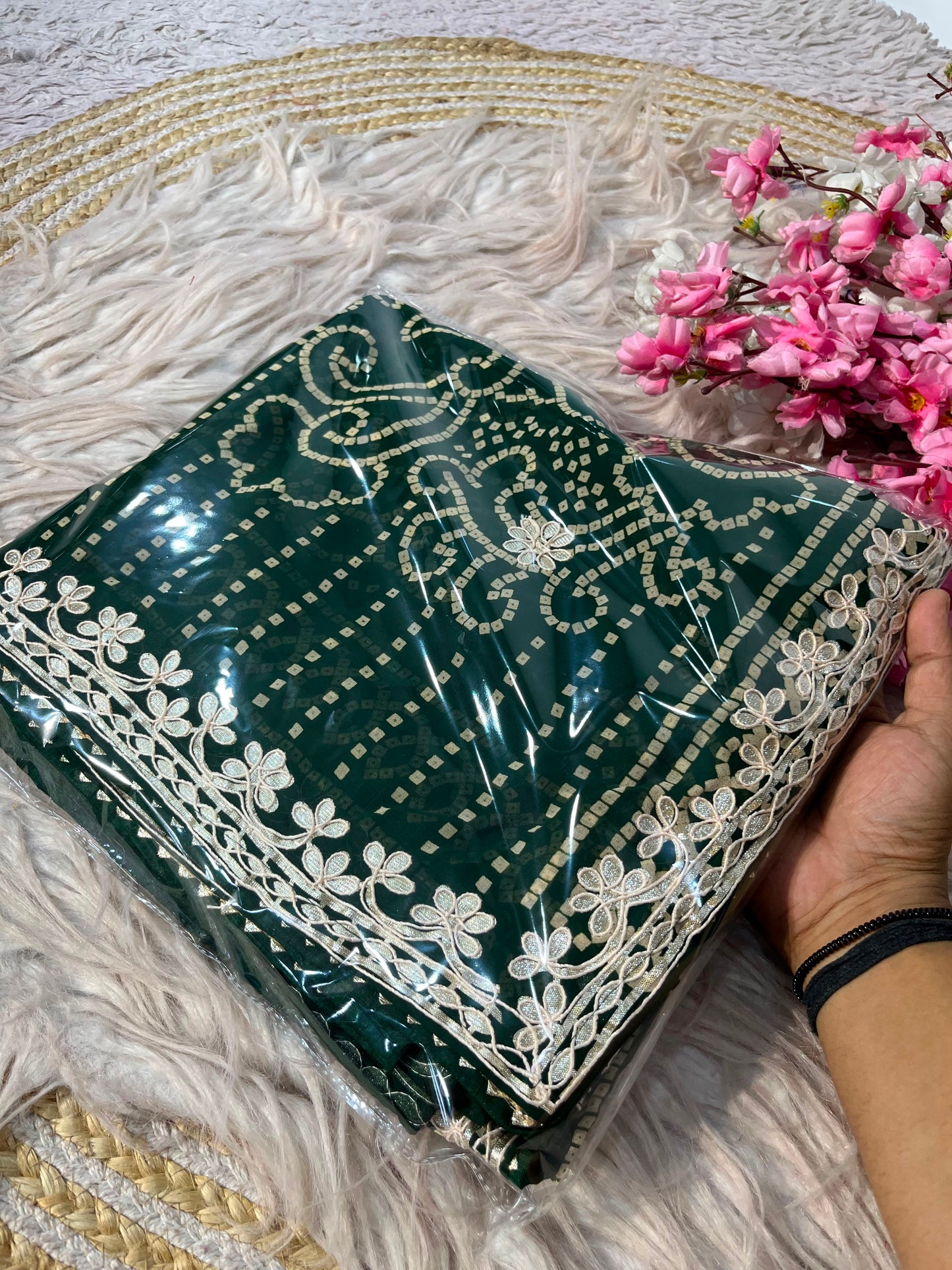 Jaipuri Gotta Patti Bottle Green Saree