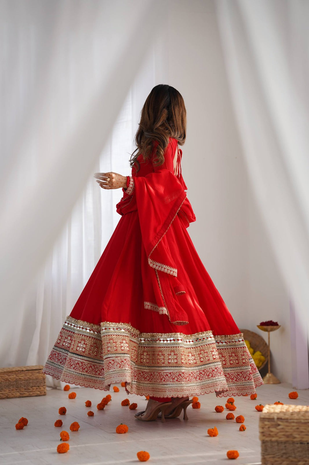 Pure Blooming Vichitra Silk Embroidered Anarkali Gown with Dupatta & Pant Set