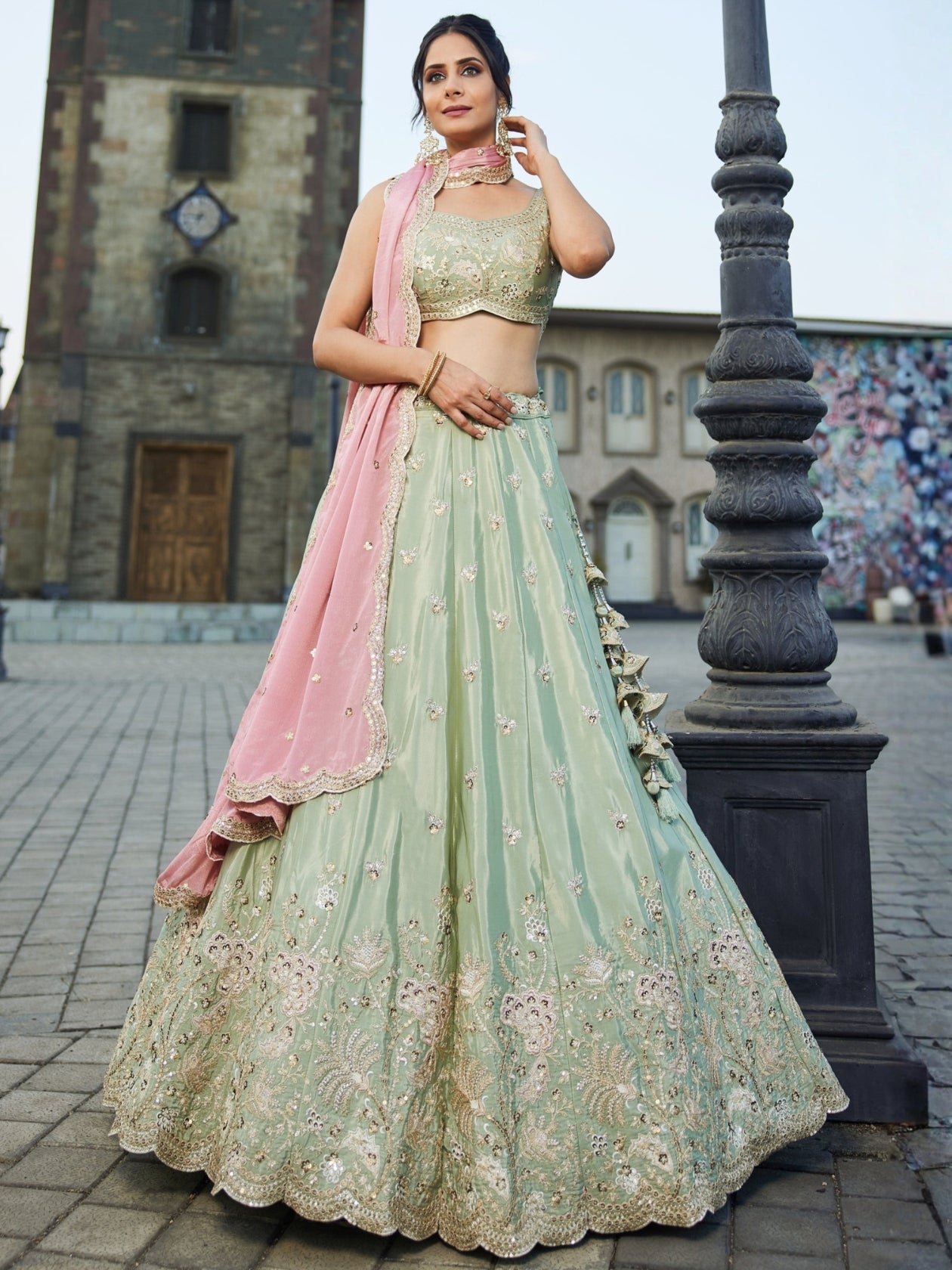 LUXURY PISTA GREEN ART SILK LEHENGA SET