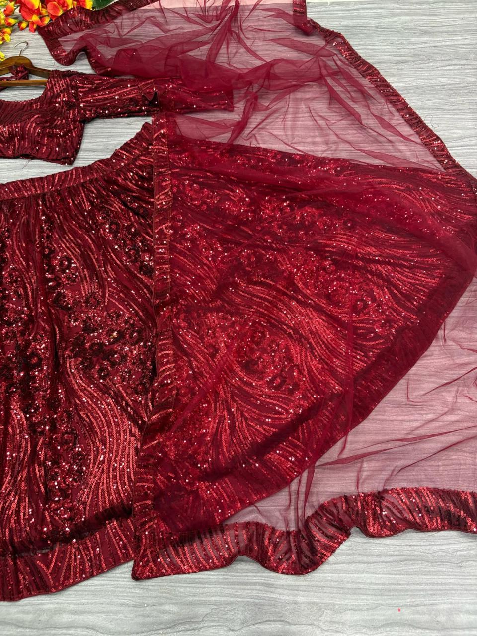 Glittering Red Bling Premium Net Lehanga