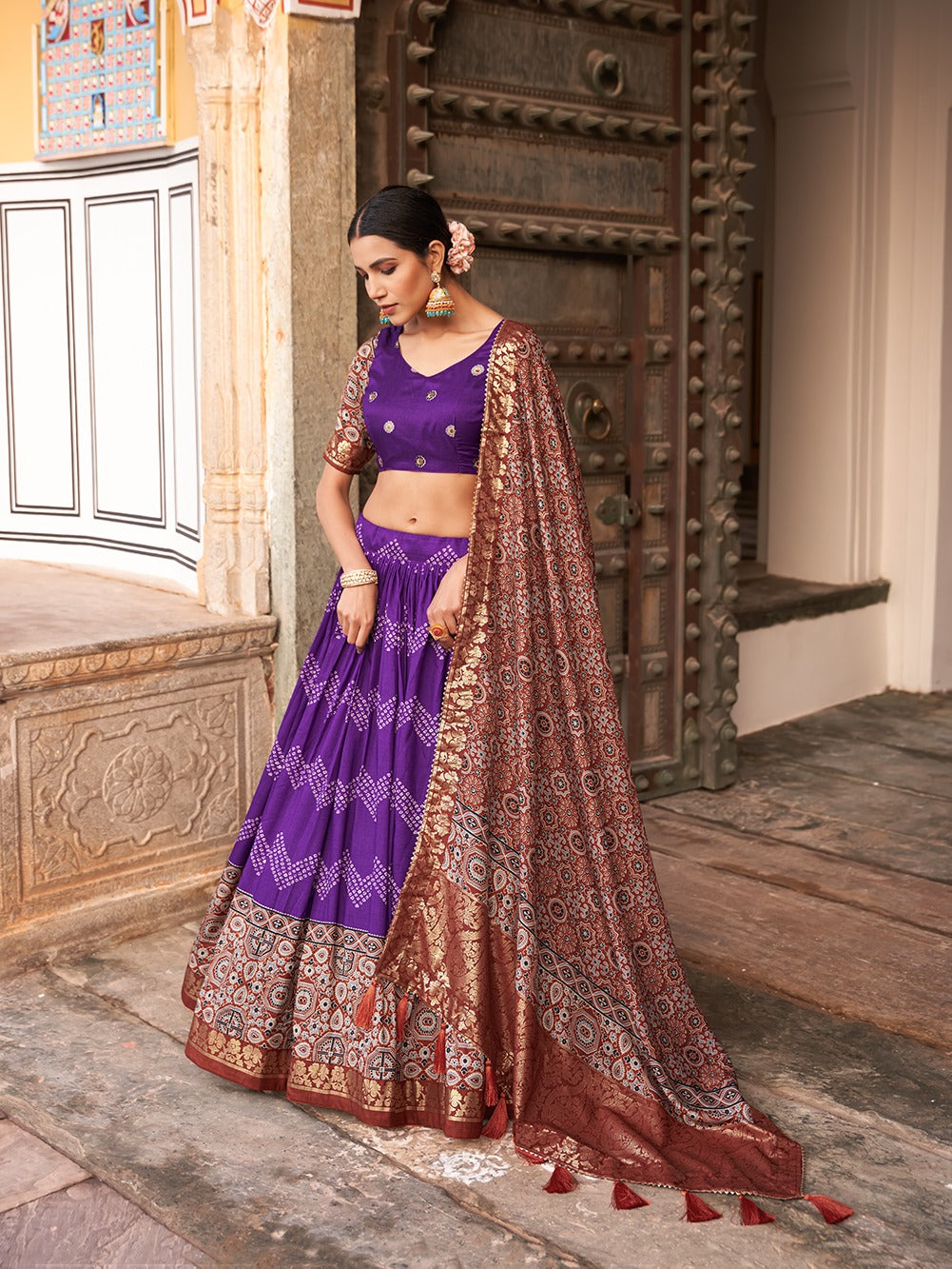 Ajarkh Print Tussar Silk Lehanga