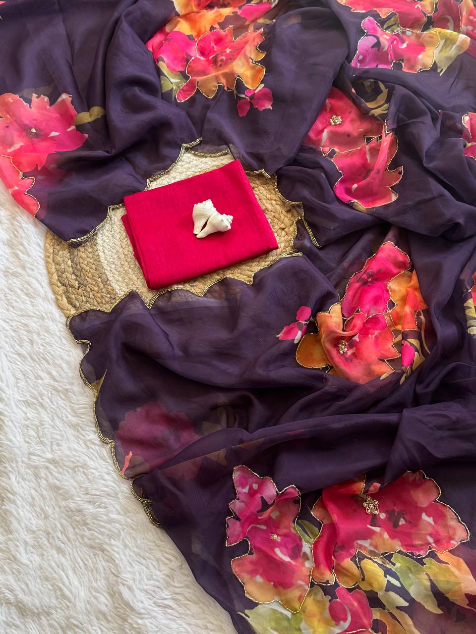 FLORAL HANDWORK ROSE SOFT ORGANZA SAREE