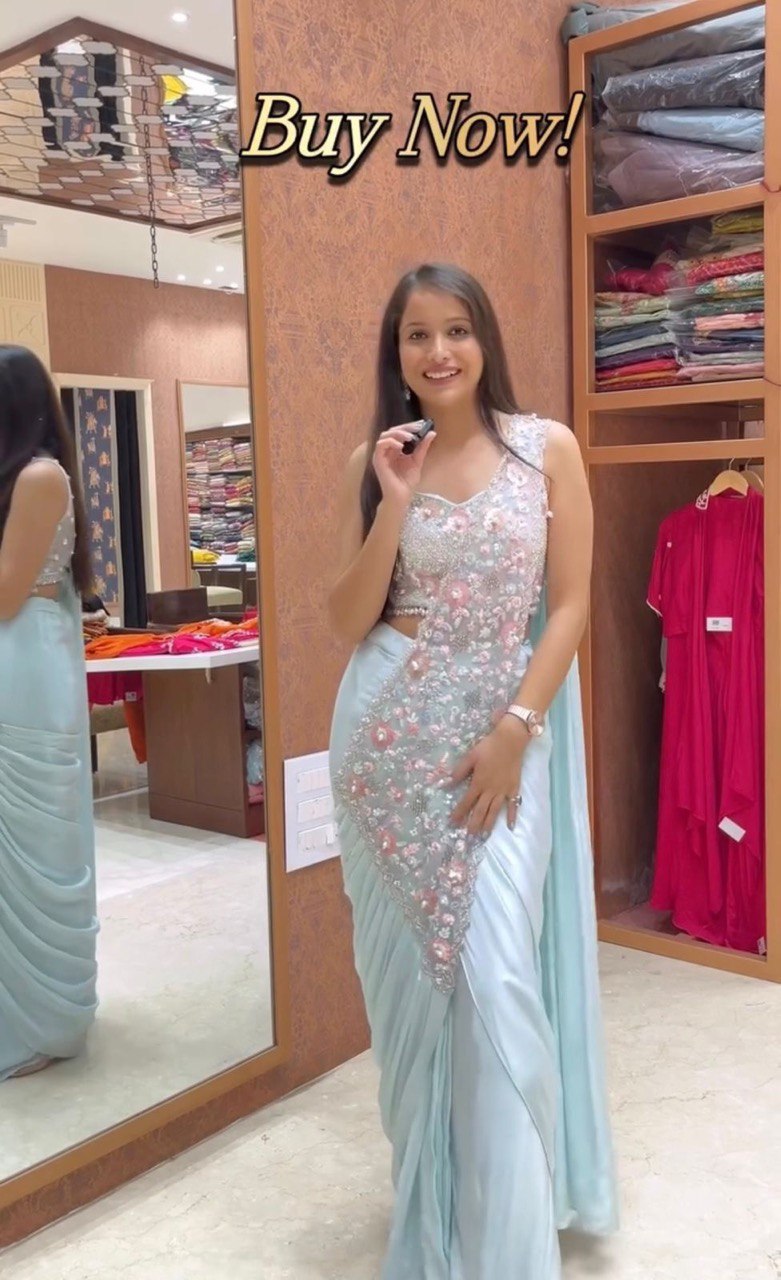 Effortless PreDraped Ready to Wear Steel Grey Blue Shade Rangoli Silk Saree