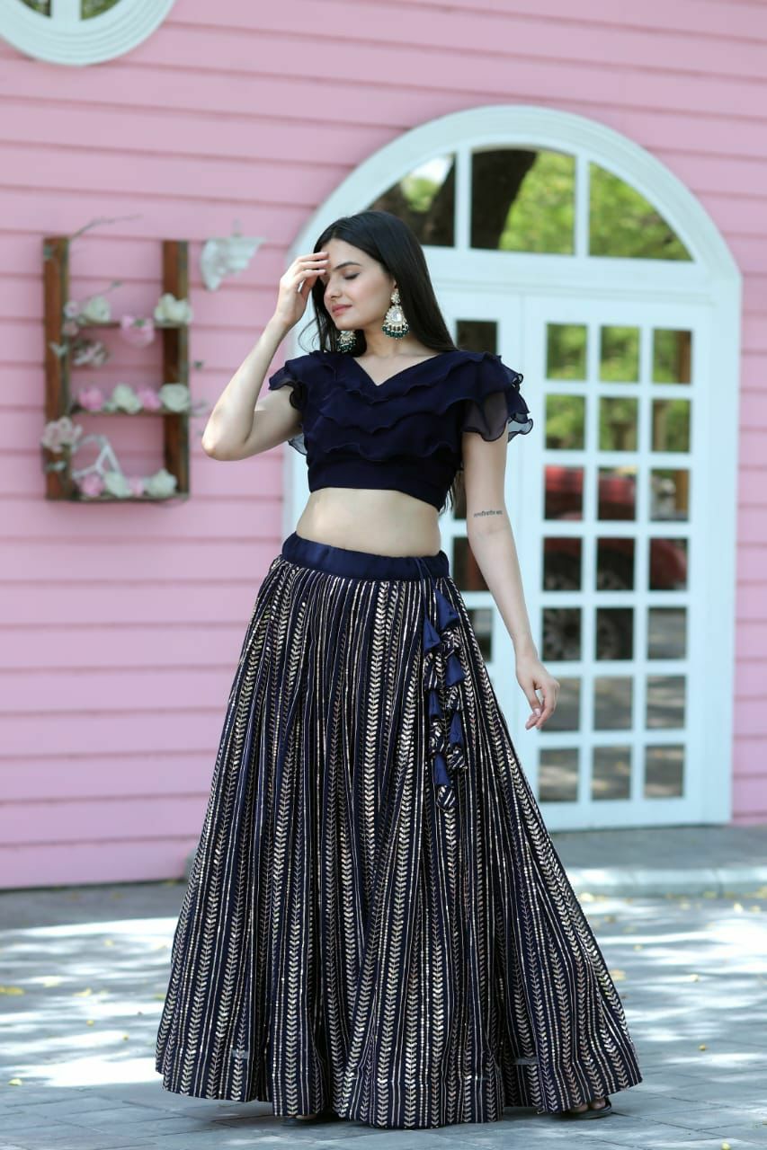 Exclusively Exquisite Indo Fusion Skirt Top / Lehenga Blouse (Navy Blue)