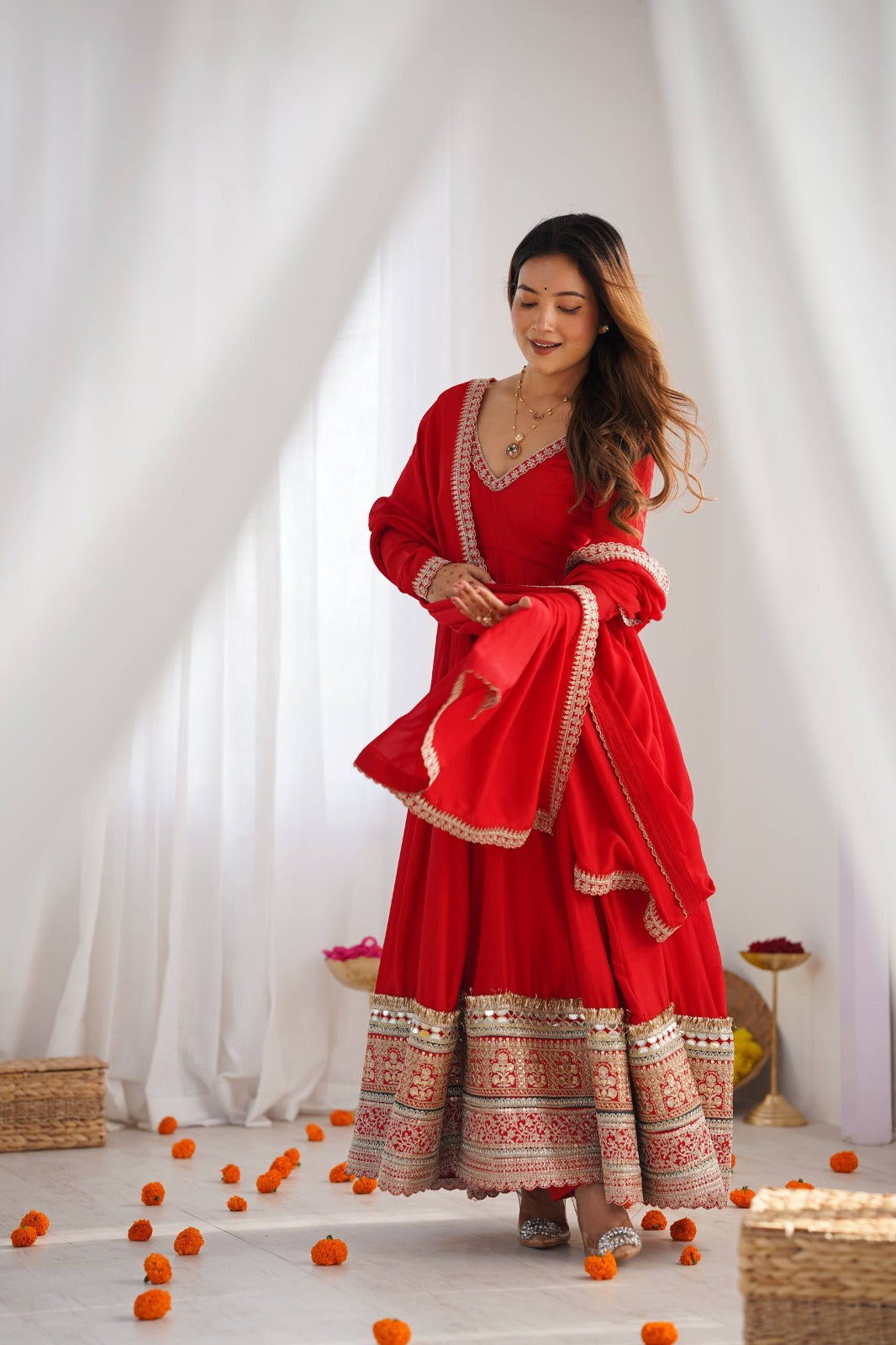 Pure Blooming Vichitra Silk Embroidered Anarkali Gown with Dupatta & Pant Set
