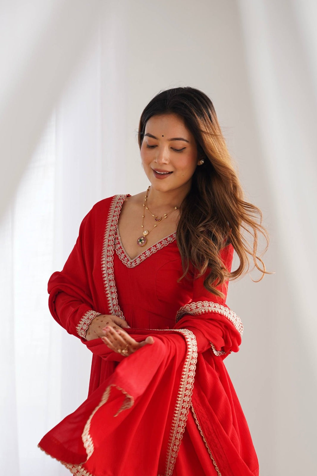 Pure Blooming Vichitra Silk Embroidered Anarkali Gown with Dupatta & Pant Set