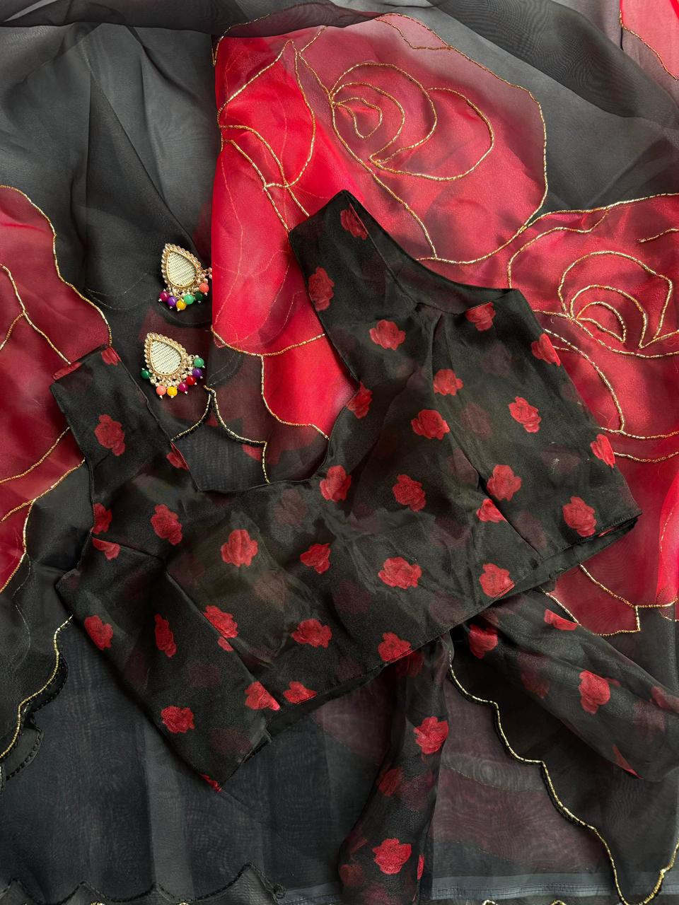 RED BLACK BEAUTIFUL PURE ORGANZA SAREE