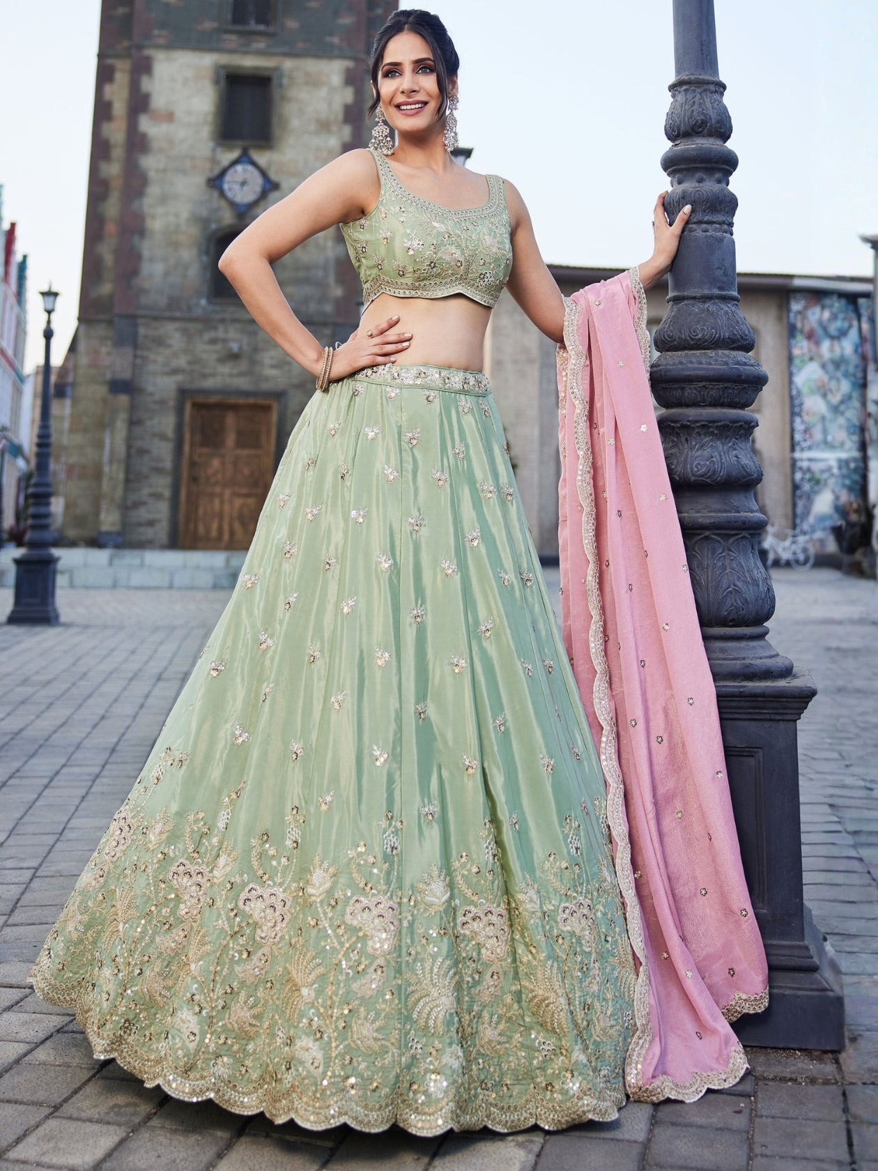 LUXURY PISTA GREEN ART SILK LEHENGA SET