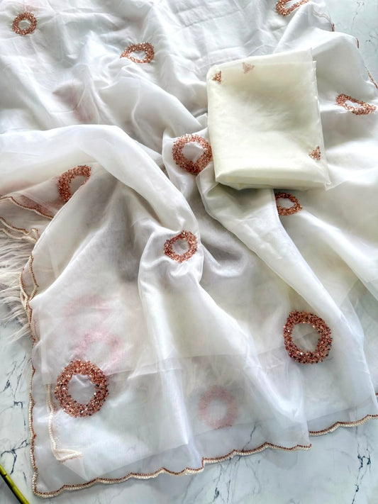 White Premium Designer Organza Saree